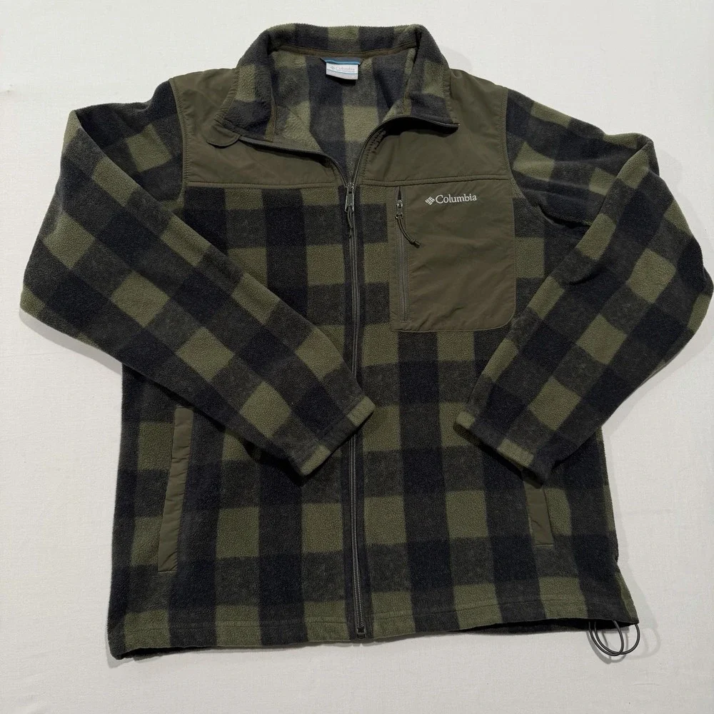 Columbia Mens Medium Green Plaid Full Zip Fleece Jacket Nylon Yoke Pocket XM0859